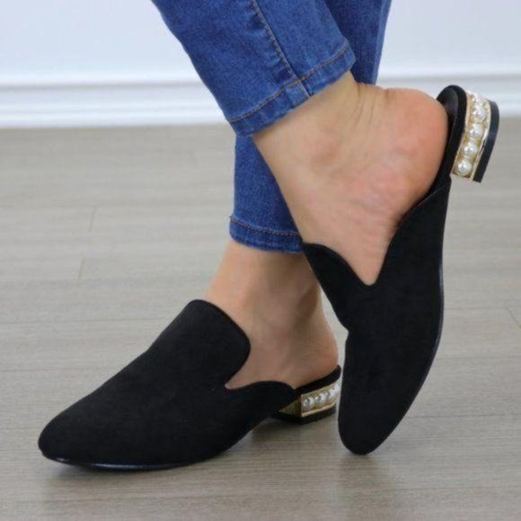 Suede Slip On Loafer Mule Pearl Accents On Heel - Picture 9 of 12